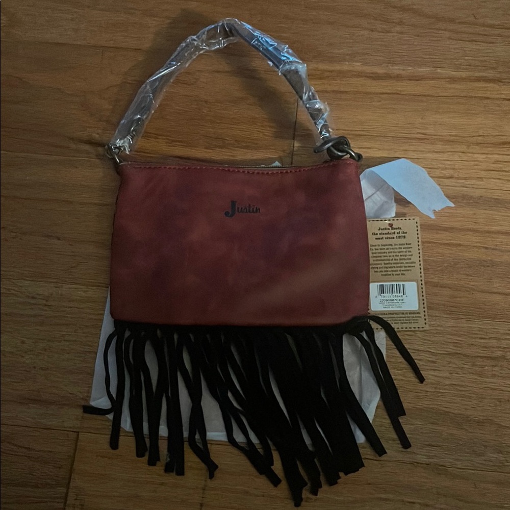 Justin Convertible Bag Wristlet Black Red Animal Print Leather Fringe Western NW - Picture 2 of 4